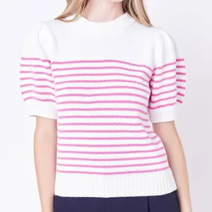English Factory Striped Puff‎ Sleeve Sweater Short Sleeve Womens M White Pink thumbnail 1