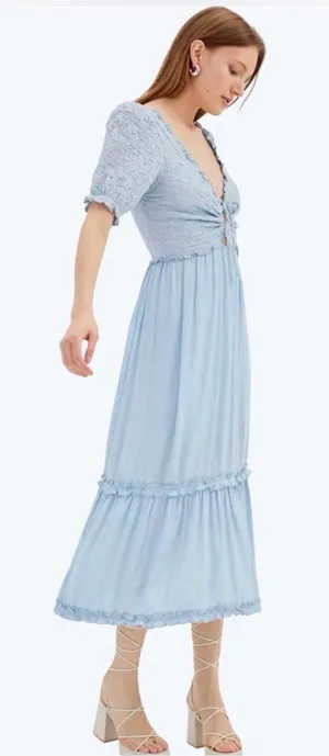 Urban Outfitters Gauzy Blue V-Neck Boho Cottagecore Midi Dress Size Medium thumbnail 1