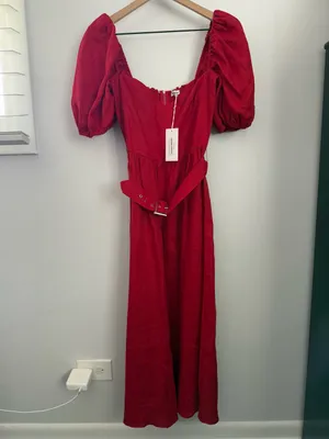 Reformation 4 NEW Tien Linen Dress Cherry Red Fitted Waist Puffy Holiday Belted thumbnail 2
