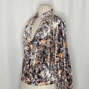 FREE PEOPLE Smocked Crushed Velvet Top Blouse Go Get 'Em Tiger Animal Small thumbnail 7