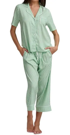 Splendid Notch Collar Cropped Pajama Set Fog Green Stripe XS RLD0299 thumbnail 1