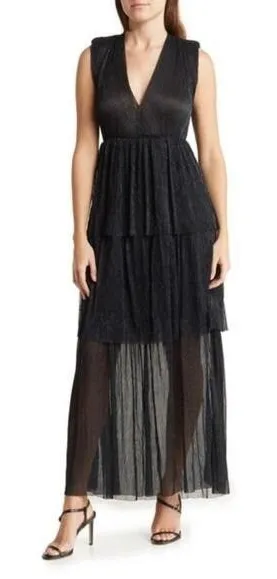 Melloday Black Metallic Plisse Tiered Maxi Dress Sleeveless V-Neck XS‎ New thumbnail 1