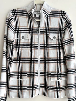 Rachel Zoe Women’s Plaid Sweater Jacket, Black/White/Tan, Fall Outerwear, Large thumbnail 4