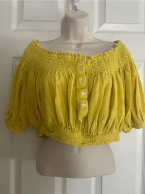 Free People Yellow Off-Shoulder Smocked Button-Front Crop Top thumbnail 2