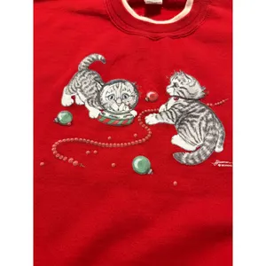 Morning Sun Vintage Christmas Kittens Sweatshirt Red Graphic Pullover‎ Large thumbnail 4
