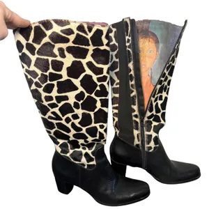 Diego‎ di Lucca Black Leather Giraffe Print Calf Hair Shaft Boots Womens Size 7 thumbnail 1