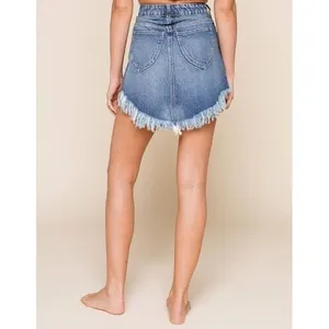 Free People We The Free Bailey Denim Mini Skirt Blue Fray Asymmetric Hem 26 NWT thumbnail 2
