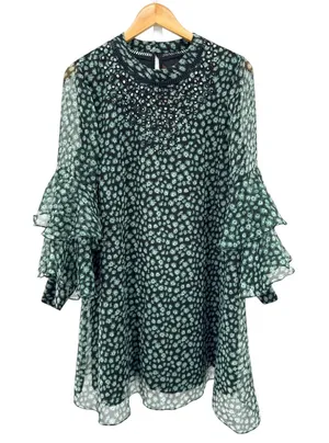 Ranna Gill Anthropologie‎ Floral Mirror Sequin Ruffle Sleeve Mini Dress M thumbnail 1