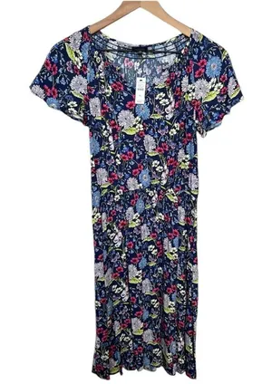 Talbots NWT Floral Short Sleeve Midi Dress Blue Pink Lightweight Summer Dress XS thumbnail 1
