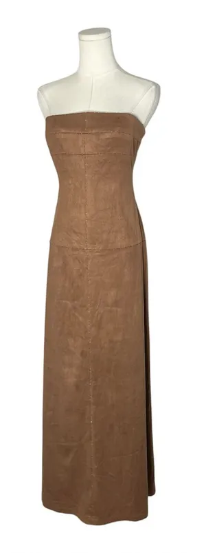 Vintage BCBG Brown Faux Suede Beaded Paneled Strapless Maxi Dress thumbnail 1
