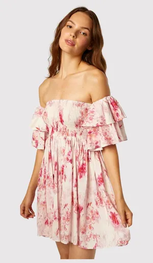 MISA Dress Pink Dina Mini Off Shoulder Smocked Abstract Rose Flowy Coquette XS thumbnail 1