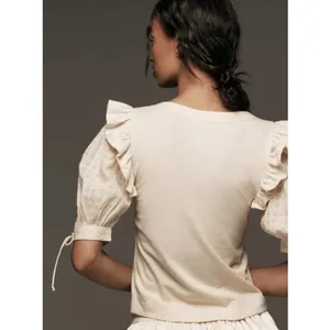 Anthropologie button front top tie And Embroidered sleeves thumbnail 2