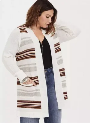 Torrid Ivory Colorful Stripes Shawl Knit Open Front Cardigan‎ Sweater Size 2X thumbnail 1