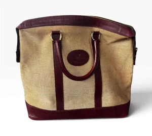 True Vintage Celine Triomphe Canvas Leather Tote Bag Beige Burgundy 70s France thumbnail 1
