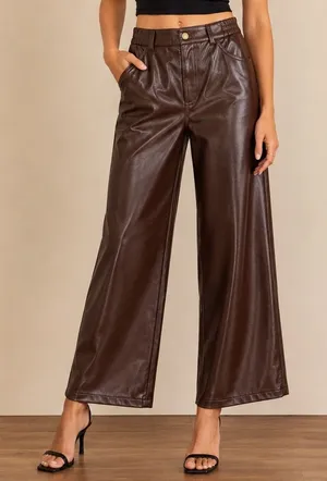 Garage Brown Faux Leather High Rise Wide Leg Pants Straight Leg Trousers. Size S thumbnail 1