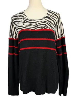 Sweater Womens XL Zebra Stripe Knit Pullover Black Red Cozy Animal Print Casual thumbnail 1