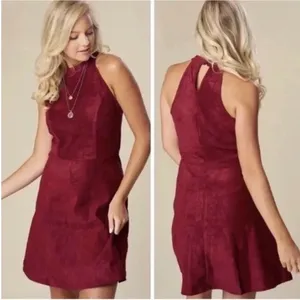 ALTAR"D STATE Burgundy Faux Suede Halter Mini Dress Size Small Sleeveless‎ Fall thumbnail 3
