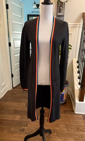 Spiritual Gangster NWOT Space Dyed Black Cardigan/ Duster with Colorful Trim thumbnail 1