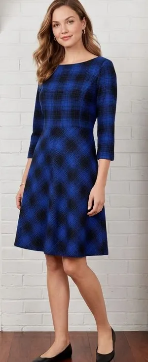 L.L.Bean Signature Blue Plaid Knit Dress Size 10 thumbnail 1