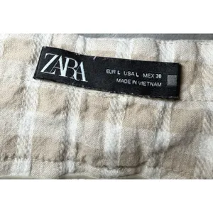 Zara Womens Size Large Beige Gingham Paperbag Waist Linen Blend Shorts Tie Belt thumbnail 4