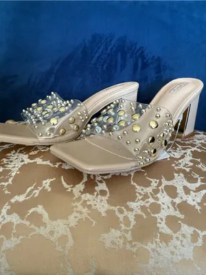 Studded Clear Strap Nude Block Heel Mules Tan Size 11 thumbnail 2