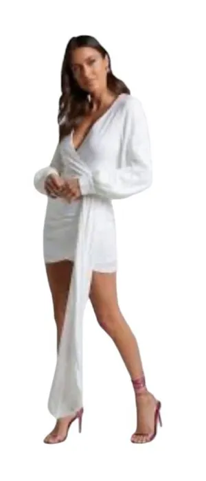 NWT Showpo Claudilyn Drape Long Sleeve Faux Wrap Mini Dress White Sequins US 6 thumbnail 1