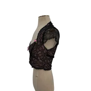 Sugar Thrillz Dolls Kill Lace Crop Top Black Pink Bow Sheer Floral NWT Medium thumbnail 4