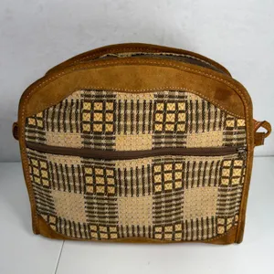 Vintage Brown Suede Tapestry Travel Bag Geometric 70s Boho Weekender Talon Zip thumbnail 5