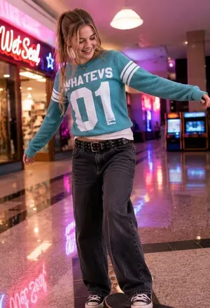 Delia's Whatevs 01 Varsity Graphic Sweatshirt Teal Blue Y2K Crewneck XS USA Made thumbnail 1