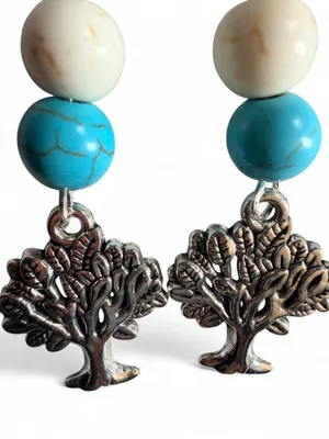 Handmade Tree of Life Dangle Earrings - White & Turquoise Bead thumbnail 3