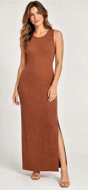 And Now This Knit Maxi Dress S Rust Brown Sleeveless Side Slit Sweater Stretch thumbnail 1