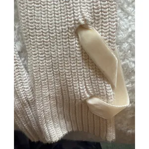 Lauren Ralph Lauren Sweater Womens Size S Ivory Rib Knit Ribbon Sleeve Cotton thumbnail 8