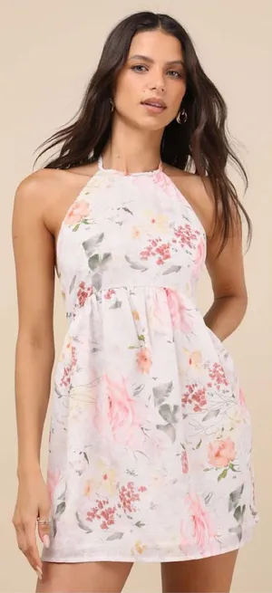 Lulus Alwynn Ivory Floral Halter Mini Dress Size XS Vacation Sleeveless Party thumbnail 1