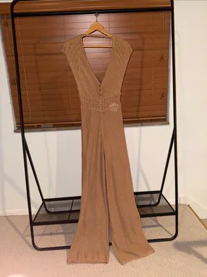 American Eagle Tan Crochet Knit Wide Leg Jumpsuit thumbnail 3