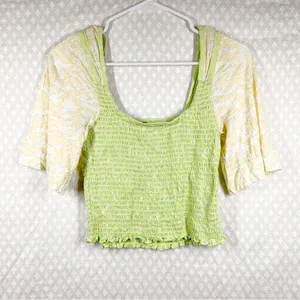 Free People Green Floral Marigold Smocked Cropped‎ Top thumbnail 2