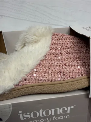 Isotoner NWT Memory Foam Sparkle Evening Sand Pink Foam Hoodback Slippers XL thumbnail 2