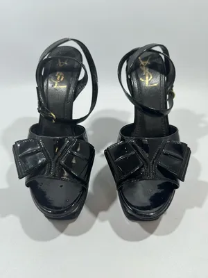 Yves Saint Laurent YSL Tribute Y Bow Black Patent Leather Platform Sandals 38.5 thumbnail 3