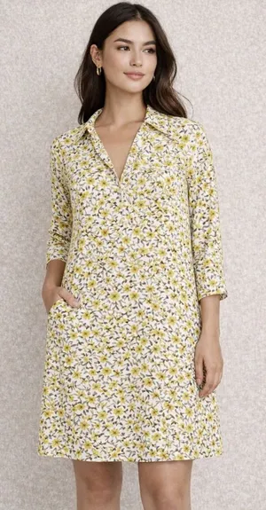 Imperfect yellow floral pocket dress vneck pointed collar lined‎ bright bohemian thumbnail 1
