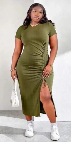 SHEIN Curve Short Sleeve Dress With Drawstring Waist, High Slit Hem Ruched 2X thumbnail 1