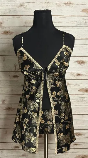 Vintage Victoria's Secret black/gold floral lace-trim satin matching set Small thumbnail 1