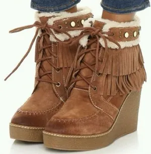 Sam Edelman Mocha Kemper Fringe Wedge Lace Up Booties Size 8 US $150 thumbnail 1