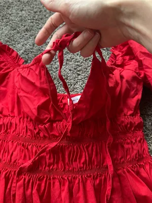 Red Peasant-Style Puff Sleeve Dress thumbnail 6