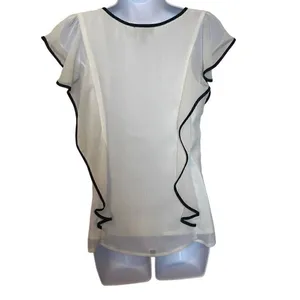 IZ‎ Byer EUC White Black Trim Flowy Ruffle Sleeve Blouse Sz S thumbnail 3