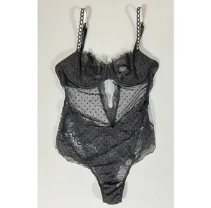 Black Polka Dot Dots Floral Lace Teddy Onesie Bodysuit Lingerie Size XS 🖤 thumbnail 3