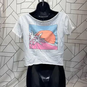 Billabong Hawaii Graphic T-Shirt Small White Cropped Raw Hem Sunset Palm‎ Tree thumbnail 2