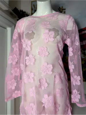 Women's Pink Floral Lace Fishnet Mesh Sheer Long Sleeve Midi Dress Cover Up M/L thumbnail 4