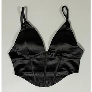 Black Satin Silk Padded Corset Tank Crop Top Shirt Blouse Size S 🖤 thumbnail 2