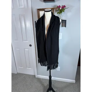 Solid Black Knit Scarf with Fringe Trim Soft Winter Wrap Accessory 62" Long thumbnail 2