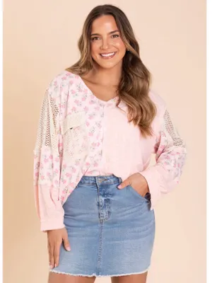 POL Baby Pink Contrast Floral Knit Top thumbnail 1