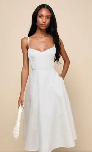 Lulus Meet for Tea White Jacquard Bustier Midi Dress With Pockets thumbnail 1